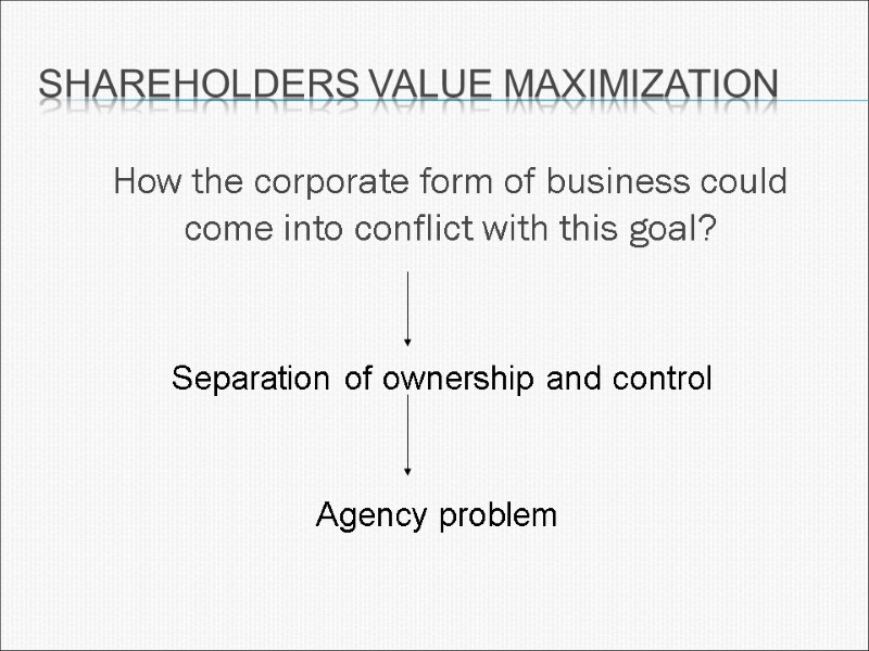 Shareholders value maximization  How the corporate form of business could come into conflict